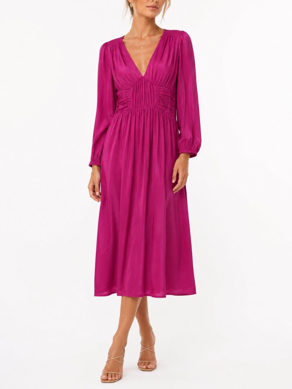 SEA New York Silk Fabiola Solid Habotai V-Neck Fuchsia Midi Dress